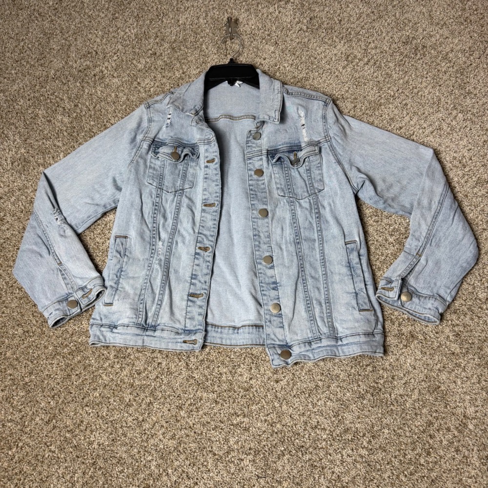Aiden & Oak Womens Distressed Light Wash Denim Trucker Jacket Light Blue XL